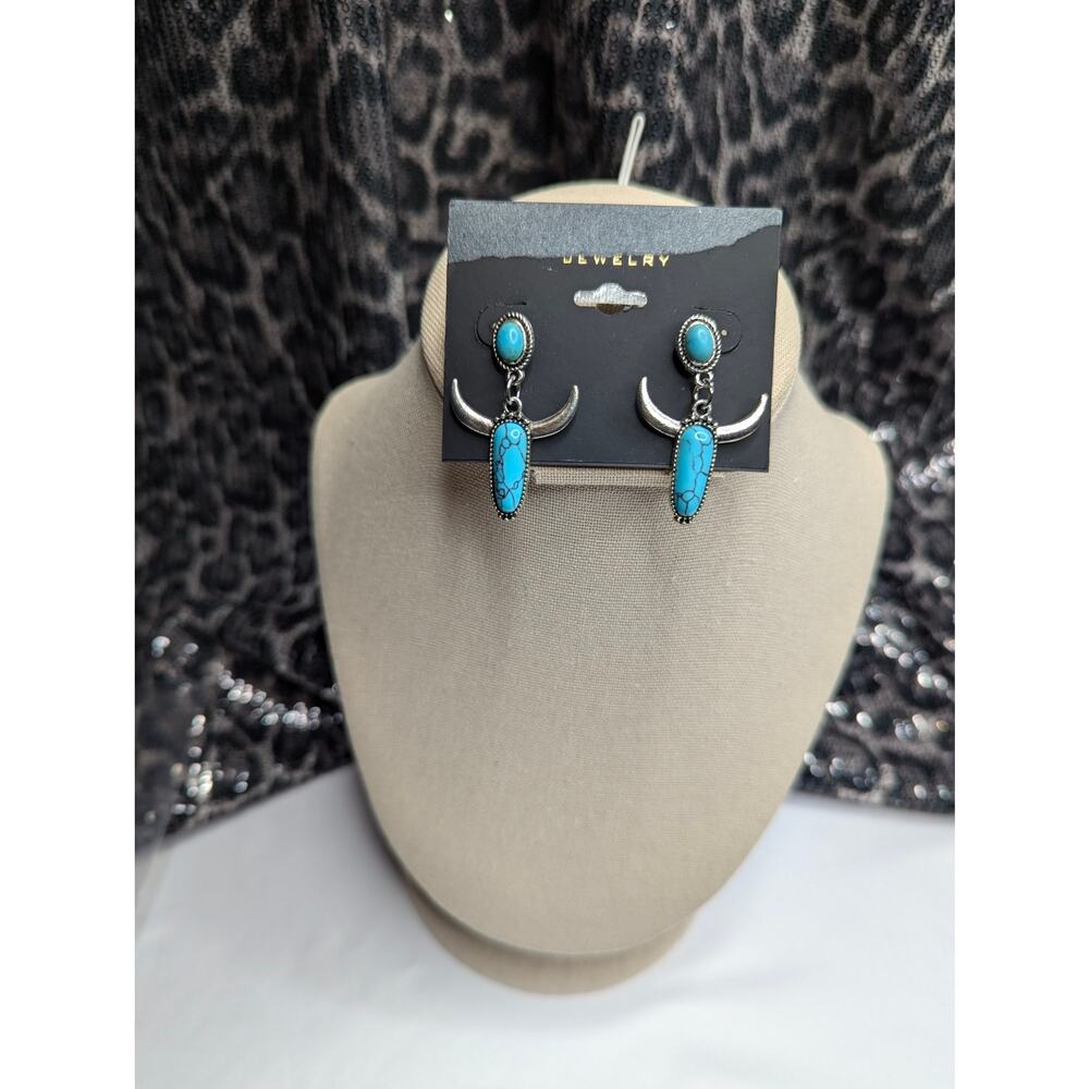 Turquoise Western Bull Head Earrings Silver Tone Cow Skull Dangle Statement Boho - Picture 6 of 8